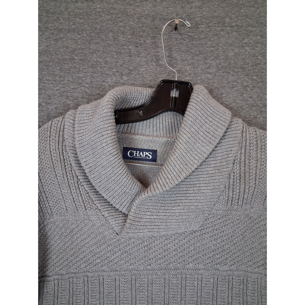 Chaps Mens Sweater M Gray Shawl Neck Knit Pullover Preppy Casual Academia